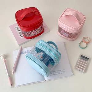 Three colorful PVC waterproof cosmetic bags with transparent windows and sweet day prints
