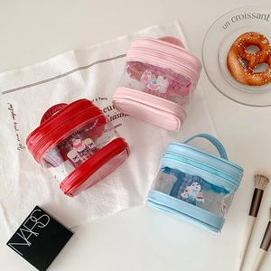 Three transparent PVC mini cosmetic bags with cute cartoon prints and colored handles