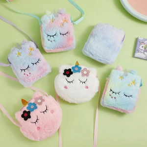 Unicorn Plush Crossbody Bag Cartoon Closed Eyes Embroidery Sequin Horn Cute Faux Fur Shoulder Coin Purse For Kids Girls