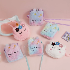 Cute kids unicorn plush crossbody bag with colorful gradient fur and star embroidery