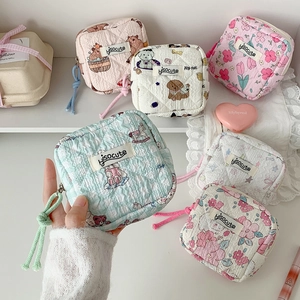 Kawaii Quilted Cotton Sanitary Napkin Storage Bag Floral Animal Pattern Portable Zipper Pouch Small Makeup Organizer Bag