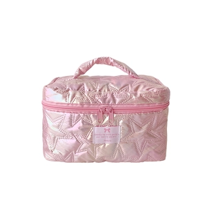 Pink pearl gloss makeup bag with star quilting and sturdy handle for travel organization