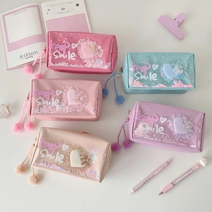 Quicksand stationery bags with glitter sequins and plush ball zippers in five pastel colors