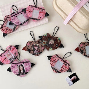 Heart Shaped Acrylic Photocard Holder Keychain With Bat Wings Sweet Cool Leopard Print Star Pattern Bag Ornament