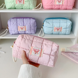 Quilted cloud pencil case with pearl handle in macaron colors and top zipper closure