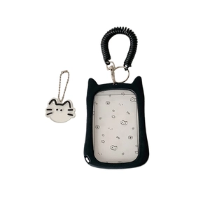 Cute black cat ear transparent card holder with retractable lanyard and cat pendant
