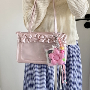 Pink satin ruffle shoulder bag with cartoon flower charms and transparent ITA pocket