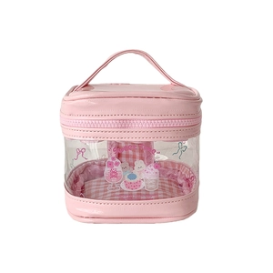Pink cartoon transparent PVC handheld cosmetic bag for doll storage and travel