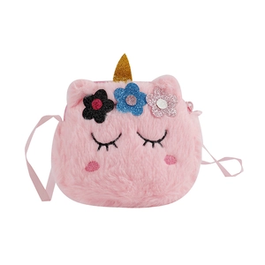 Pink plush unicorn crossbody bag for girls with glitter flowers and golden horn detail