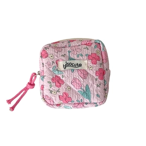 Pink quilted cotton sanitary napkin storage bag with tulip print and zipper