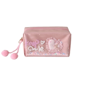 Pink heart pencil case with glitter sequins and plush pom-poms for students