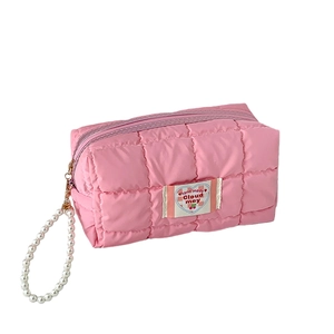 Pink quilted cloud pencil case with pearl strap and handmade heart patch detail
