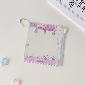 Close-up of a purple transparent PVC badge holder with cute lamb print and white bead chain