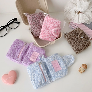 Plush leopard print coin purse with snap closure and snap hook in assorted colors