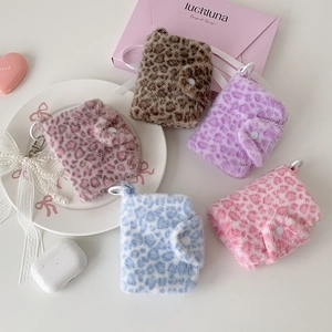 Plush leopard print earphone case for AirPods in multiple colors with fuzzy texture
