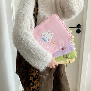 Pastel corduroy iPad sleeve with cute rabbit embroidery and zip closure for 11 inch tablets