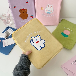 Cartoon embroidered corduroy iPad sleeve for 11 inch tablets in multiple pastel colors