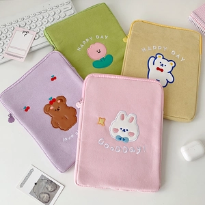 Corduroy Laptop Tablet Sleeve Case Cartoon Animal Flower Embroidery Zipper Protective Bag Shockproof For Women Student