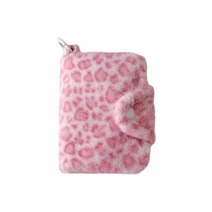 Pink leopard print plush coin purse with snap closure and portable white hanging hook