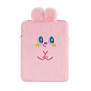 Cute pink plush iPad sleeve with cartoon bunny ears and embroidered face for girls