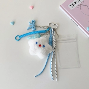 Detail of plush star charm keychain with blue spring cord and pretty girl key tag