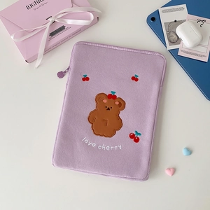 Light purple corduroy 11 inch iPad sleeve with bear embroidery and flower zipper