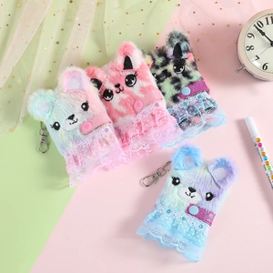 Detailed view of plush animal card holders with lace trim and metallic lobster clasp hooks