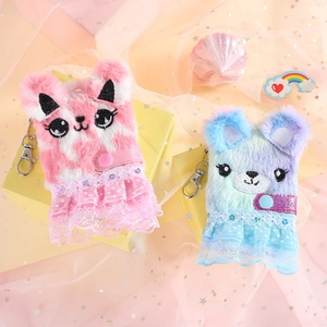Cute plush cartoon cat and bear keychain pendants with lace skirts and metal clips