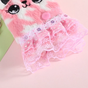 Detail of pink plush notebook with cat embroidery, lace mesh, and sequin accents
