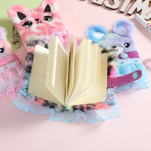 Cute plush cartoon notebooks featuring cat and bear designs with lace and charms