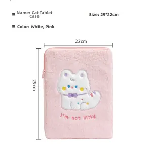 Custodia per tablet in peluche rosa con ricamo a gatto e dettagli 29x22cm