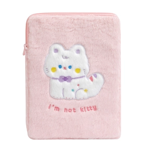 Custodia per iPad in peluche rosa con gatto ricamato e superficie morbida al tatto