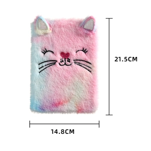 Close-up of A5 plush cat diary featuring pink gradient fur and embroidered facial details