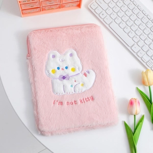 Pink plush tablet sleeve with white cat embroidery and side zipper closure
