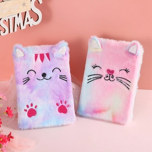 Cute large cat plush notebook with embroidered ears and fuzzy gradient faux fur cover