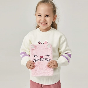 Pink fluffy plush cat notebook for girls with 3D sequin ears and embroidery