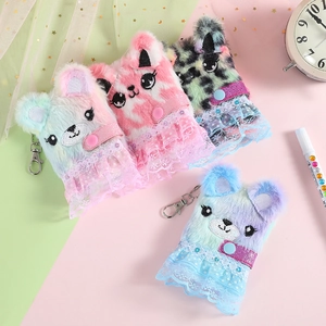 Plush Mini Notebook Cute Cartoon Cat Bear Pocket Journal Furry Diary With Lace Sequin Decoration Keychain Pendant