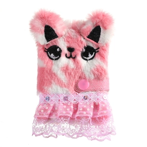 Pink and white plush cartoon cat notebook cover with lace skirt and sequins