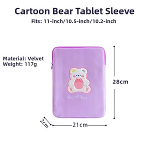 Detail of lavender plush tablet sleeve featuring sweet bear embroidery and 11-inch size specs