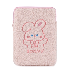 Custodia per iPad in peluche rosa con coniglio ricamato e chiusura a cerniera