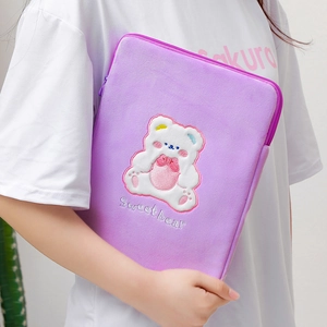 Cute purple plush iPad sleeve with sweet bear embroidery for 11 inch tablets