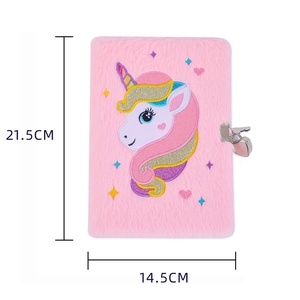 Pink plush unicorn diary A5 with heart lock and key, measuring 21.5cm by 14.5cm