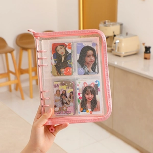 A5 PVC-Binder in Glitzerrosa mit Blumen-Reißverschluss für K-pop Fotokarten