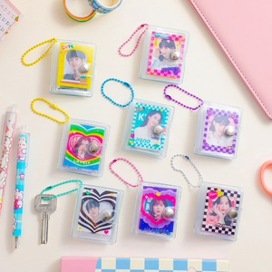 Mini transparent PVC photo album keychain for ID photos with colorful beaded chains