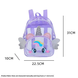 Sac à dos licorne violet transparent pour enfants, dimensions 31cm hauteur et 22,5cm largeur