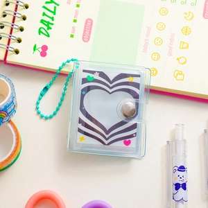 Mini transparent PVC photo album with green bead chain and decorative heart card insert