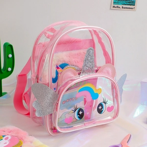 Détail du sac à dos licorne rose transparent en PVC avec ailes argentées et yeux mignons