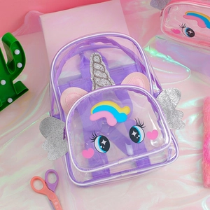 Détails du sac à dos licorne violet transparent avec ailes pailletées et motif arc-en-ciel
