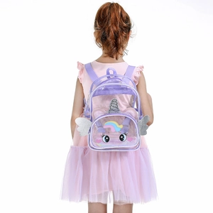 Sac à dos licorne violet transparent pour enfants avec ailes pailletées et motif yeux