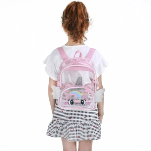Sac à dos licorne rose transparent pour enfants avec ailes et corne à paillettes